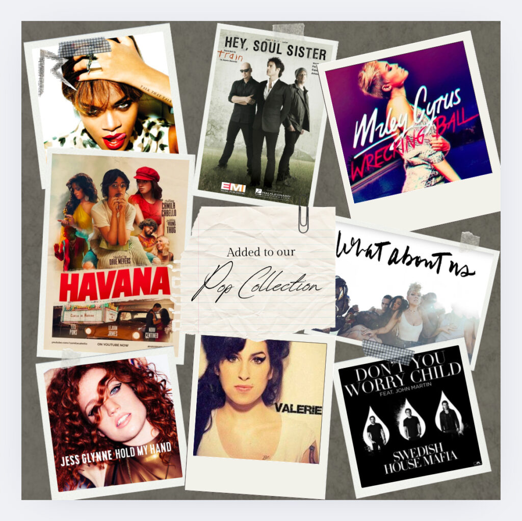 A collage of pop single covers. New Pop Songs Added!